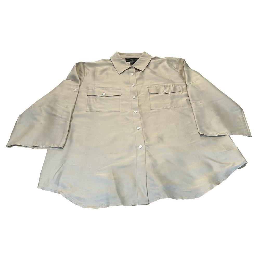 August Silk Beige Blouse 100% Silk 3/4 Sleeve Womens Size‎ L